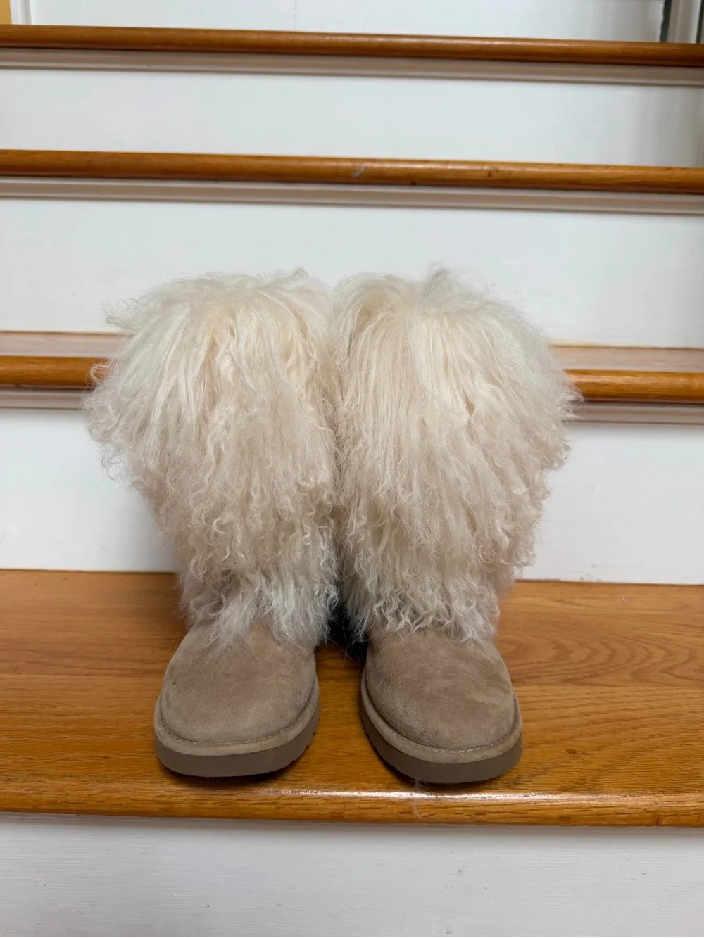 UGG Used Sheepskin Curly Fur Mid-Calf Boots in Beige